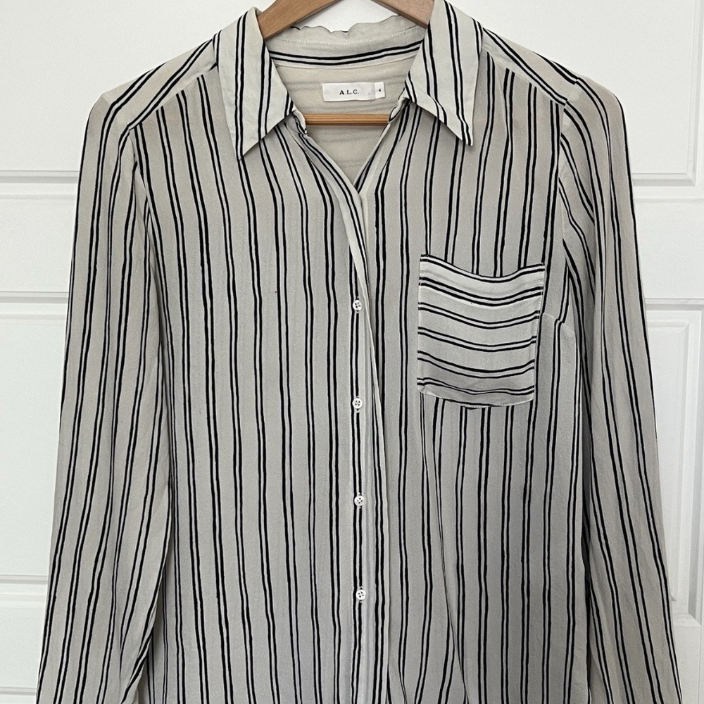 ALC Womens Button Up Long Sleeve Collared Silk Striped Shirt White Black Size 4